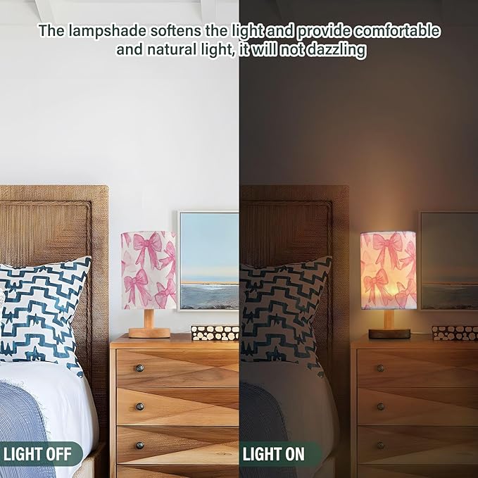 Bedside Table Lamp Pink Bow Printed Nightstand Lamp with Wood Desk Lamps for Bedroom Living Room Nursery Office Home Decor
