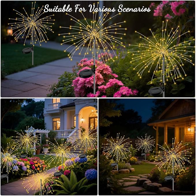 Solar Firework Lights Outdoor, 2 Pack 200 LED Fairy Lights with 8 Modes, Warm White Solar Garden Lights for Yard Pathway Lawn Patio Landscape Decor, Waterproof Fireworks for Outside