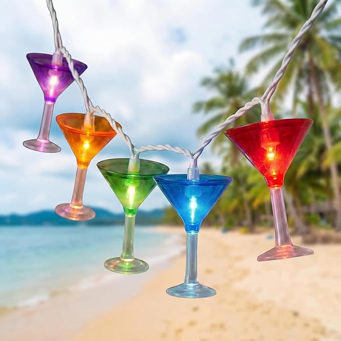LED Cocktail Glass String Lights, 8.5Ft Tropical Beach Themed Margarita Drink String Lights Plug in with 10 Multicolor Cup, Summer Hawaiian Lights for Camping Tent Holiday Party Garden Outdoor Decor