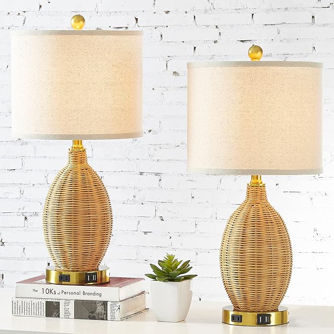 Touch Control Rattan Table Lamps, 3 Way Dimmable Bedside Lamps for Bedroom Set of 2 with 2 USB Ports and AC Outlet, Gold Wicker Nightstand Lamps for Living Room Office (LED Bulbs Included)