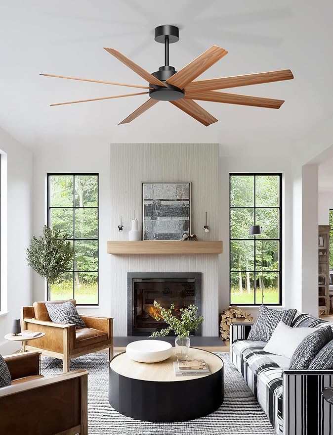 Ohniyou 60'' Ceiling Fan No Light - 8 Blades Modern Farmhouse Ceiling Fan Remote/APP Control, Covered Outdoor Ceiling Fan for Patio, Living Room, Black+Wood Color