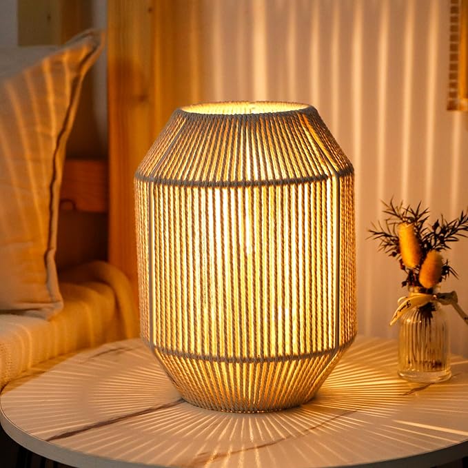 JHY DESIGN Boho Rattan Woven Lampshade Table Lamp 8.5" H Cotton Rope Bedside Lamp Cordless Decorative Battery Operated Lamp with 6 Hours Timer for Bedroom Living Room Wedding Parties Patio