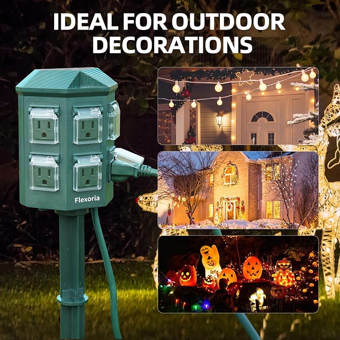 Outdoor Power Strip Timer Waterproof, Dusk to Dawn Light Sensor Countdown, 50 Feet Extension Cord, 6 Grounded Outlets for Christmas Decorations, ETL Listed