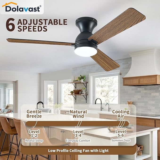 Ceiling Fans with Lights, 48 inch Low Profile Ceiling Fan with Light and Remote Control, Flush Mount, Reversible, 3CCT, Dimmable LED, Noiseless, Black Ceiling Fan for Bedroom, Dining Room