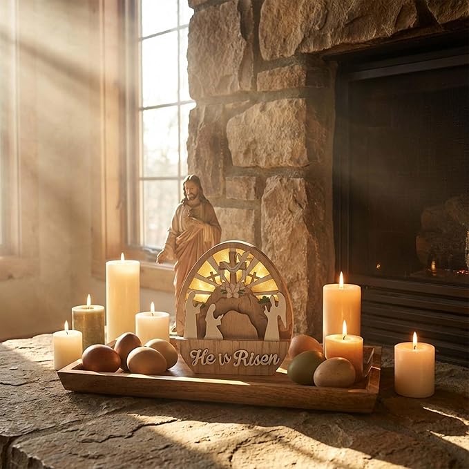 Valery Madelyn Easter Decorations with LED Light, Lighted Empty Tomb Scene and Cross Decoration, Wooden Christian Easter Decor Resurrection Scene for Home Table Shelf, 6.3 inch