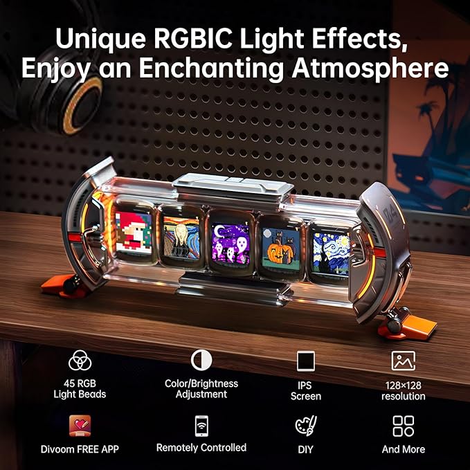 Divoom Times Gate - Cyberpunk Gaming Setup Digital Alarm Clock, Smart APP, WiFi Connect, RGB LED Display, Personalized Financial & Bitcoin Dashboard, Pixel Art for Gaming Room & Office Decor, Silver