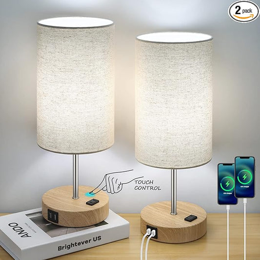 Bedside Table Lamps with 2 USB Charging Ports & AC Outlet, Set of 2 Touch Control Wooden Base Nightstand 3-Way Dimmable Lamps with Beige Fabric Shade for Bedroom, Living Room, A19 E26 Bulbs included