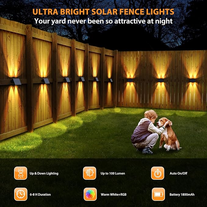 Solar Fence Lights,12 Pack Solar Lights Outdoor Warm White + RGB Up & Down Solar Wall Lights Waterproof 100 Lumens Dusk to Dawn Solar Powered Fence Light for Backyard/Pool/Railing/Patio/Porch/Step