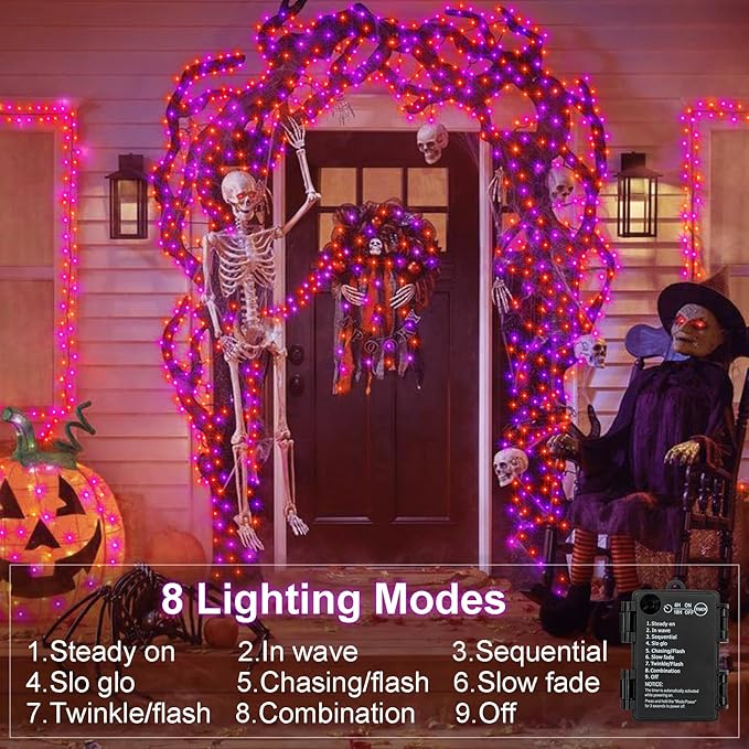 Purple Orange Halloween String Lights Battery, Total 20Ft 400 LED Cluster String Lights with Timer 8 Modes Firecracker Lights Outdoor Waterproof for Tree Home Decor