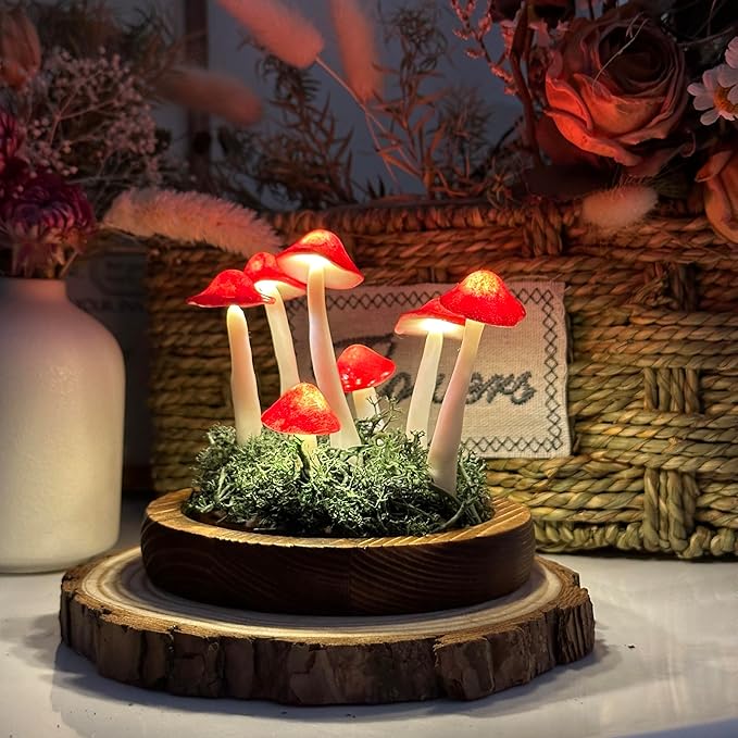 Mushroom Lamp, Decor LED Light in Glass Dome with Base for Home Bedroom Decor Birthday with Birthday Valentines Anniversaries Gifts Box (red)