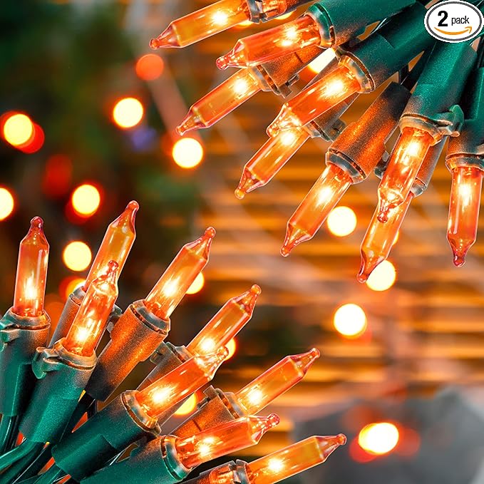 Hopolon Orange Halloween Lights, 2PACK 13ft 50 Orange Lights String,120V UL Certified String Light, Plug in Green Wire Fall Light Waterproof for Spooky Thanksgiving Party Decor(2pcs)