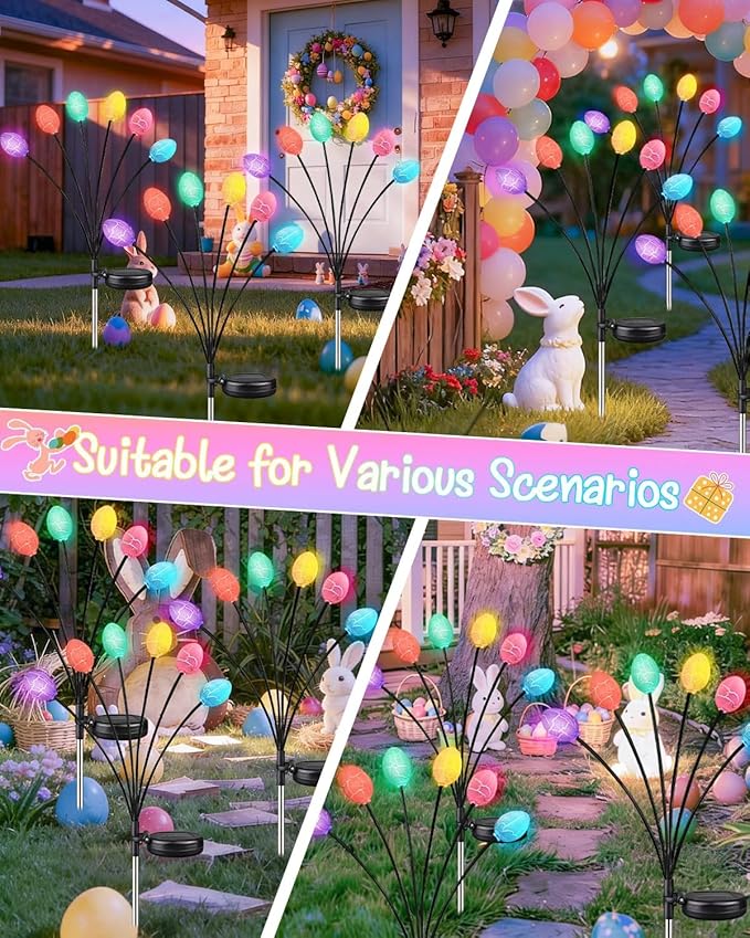 Upgraded 4 Pack Solar Easter Egg Lights Outdoor, Colorful Swaying Firefly Lights with 2 Lighting Modes, Waterproof Solar Pathway Lights for Spring Garden Lawn Yard Patio Porch Easter Decorations
