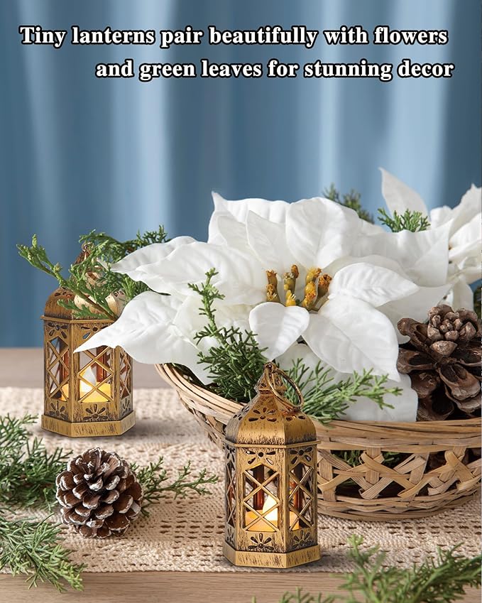 8-Pack Mini Lanterns, Small Decorative Lanterns with Flickering LED Candles for Ramadan, Christmas, Wedding, Hanging Moroccan Lantern, Table Centerpiece, Baby Shower Decorations, Bronze