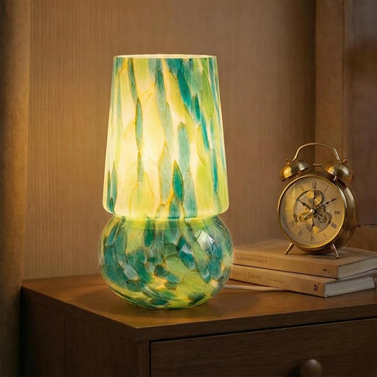 9.8 Inch Mushroom Table Lamp, UL Listed Dimmable Small Desk & Bedside Lamp with Woven Beige Cord, Handcrafted Pattern, Murano Home Decor for Bedroom, Living Room, Entryway (Emerald Teal)