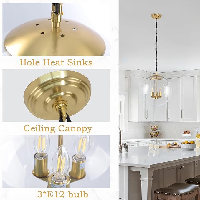KoKo&Yukina 13.7" Gold Globe Pendant Light Mid Century Pendant Light Clear Glass Pendant Lights Kitchen Island Adjustable Hanging Light Fixture for Dining Room Bedroom Kitchen Island