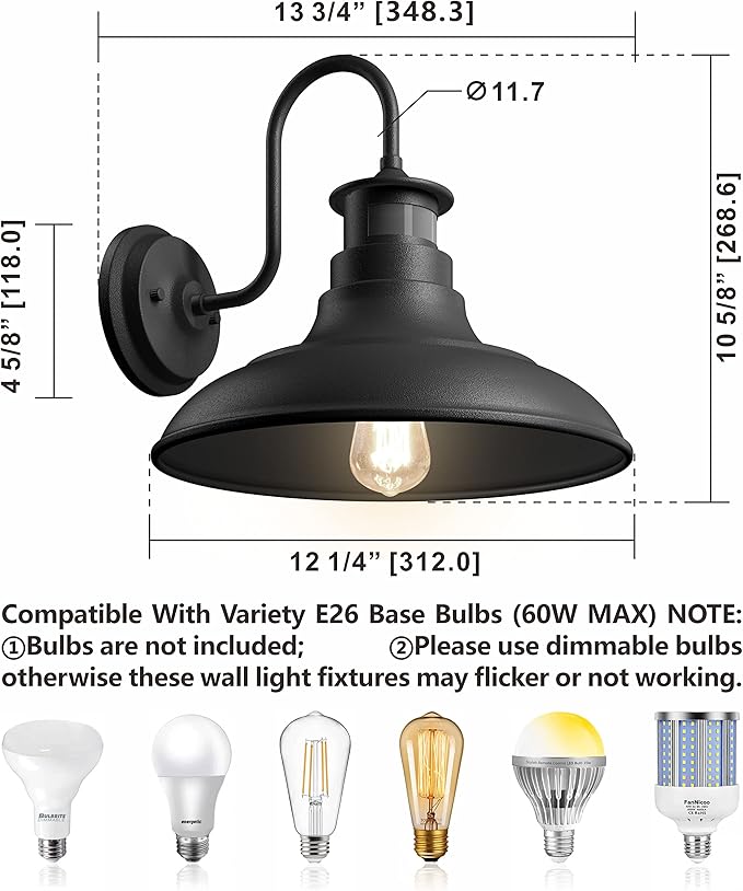 2 Pack Farmhouse Gooseneck Wall Sconce Barn Lights,Motion Sensor and Dusk to Dawn Outdoor Wall Mount Lighting Fixtures,3 Modes Exterior Porch Light IP65 Waterproof E26 Matte Black Wall Lamp for Patio