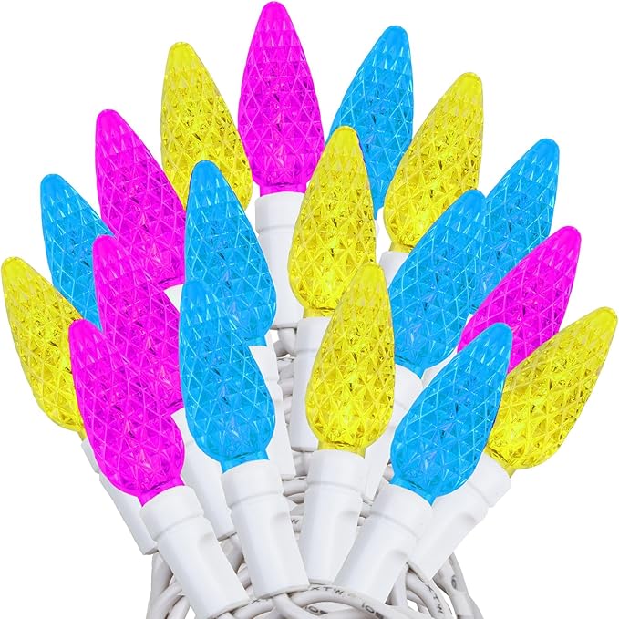 Novelty Lights 24FT 70 LED C6 Easter String Lights - Commercial Grade Outdoor Spring Tree Decorations (Yellow/Teal/Pink)