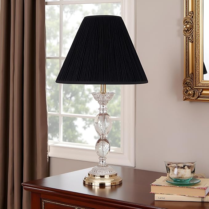 Aspen Creative 33024, Hardback Empire Transitional Spider Lamp Shade, Mushroom Pleated Black Faux Silk Fabric, 7" Top x 18" Bottom x 13" Slant Height