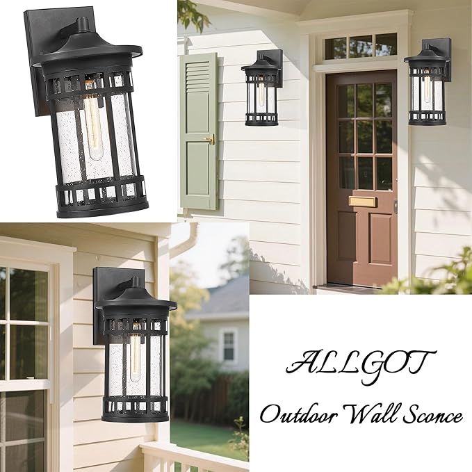 Outdoor Wall Sconce, Farmhouse Outdoor Wall Light with Seeded Glass, Waterproof Exterior Lighting Fixture, Anti-Rust Outside Lantern Lamp for Patio Yard Hallway Doorway Garage (Black,16.7 Inch Height)