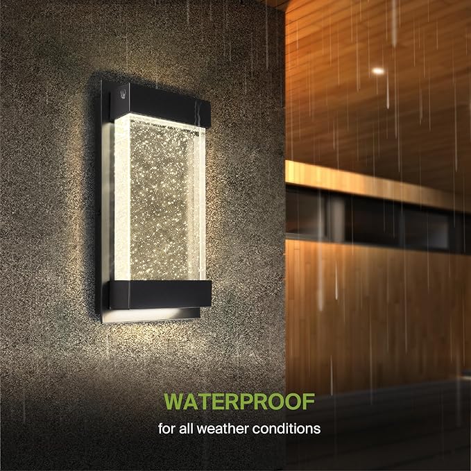 ASD LED 12" Bubble Glass Wall Light Fixture, Outdoor & Indoor Seeded Sconce | 3CCT, Waterproof, Dimmable, Up-Down Glow, ETL Listed | 22W 500LM 3000-5000K 120V | Exterior Porch Lighting | Black, 4 Pack