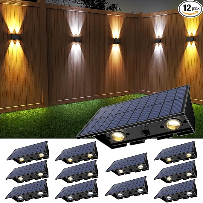 Solar Fence Lights,12Pack Solar Lights Outdoor 2700/4500/6000K 3 Mode Up & Down Solar Wall Lights Waterproof 100 Lumens Solar Powered Fence Light for Backyard/Pool/Railing/Patio/Porch/Step