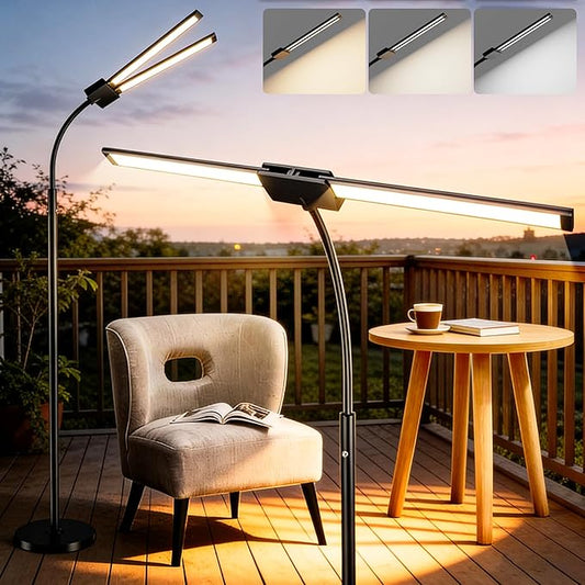 Cordless Floor Lamp LED Rechargeable - 15W Dual Head Adjustable Gooseneck Reading Light, 8000mAh Battery, Touch Control IP54 Waterproof, for Living Room, Bedroom & Emergency Lighting