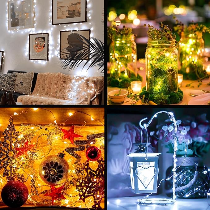LED Fairy Lights Battery Operated 2 Pack, 16FT 50LED String Lights Silver Wire String Light Waterproof Cuttable Starry Fairy Light for Bedroom Easter Halloween Christmas Decoration (White+Warm)