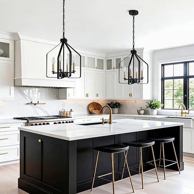 4-Light Black and Glod Chandelier, Geometric Farmhouse Cage Pendant Light, Adjustable Industrial Rustic Fixture for Dining Room, Kitchen Island, Entryway & Bedroom