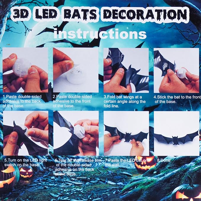 Halloween LED Bats Light Wall Stickers Glow in The Dark 3D Wall Decor for Home Decor Indoor Party Decorations (24, 5 Sizes)