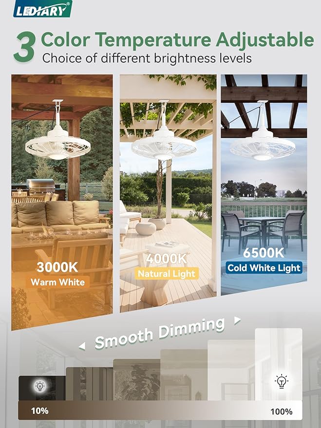 LEDIARY 20" Outdoor Ceiling Fan with Lights,IP65 Waterproof Gazebo Hanging Fan with Remote Control Smart App, Plug in Caged Ceiling Fan with 3CCT 6-Speeds for Patio Porch Pergola(White)