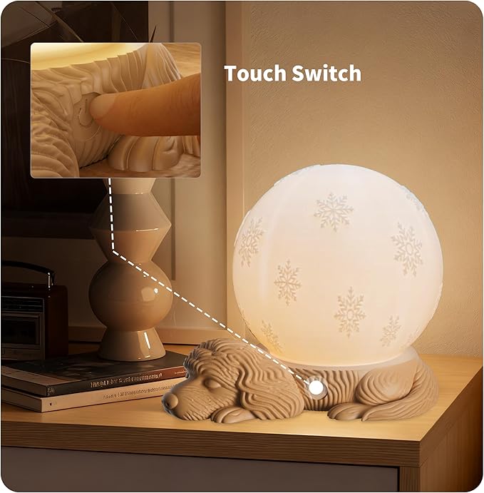 Cute Dog Lamp, Rechargeable Battery Powered Bedside Lamp, 3 Color Temperature Dimmable Cordless Lamp, USB C Charging Touch Lamp for Bedroom, Nightstand, Nursery