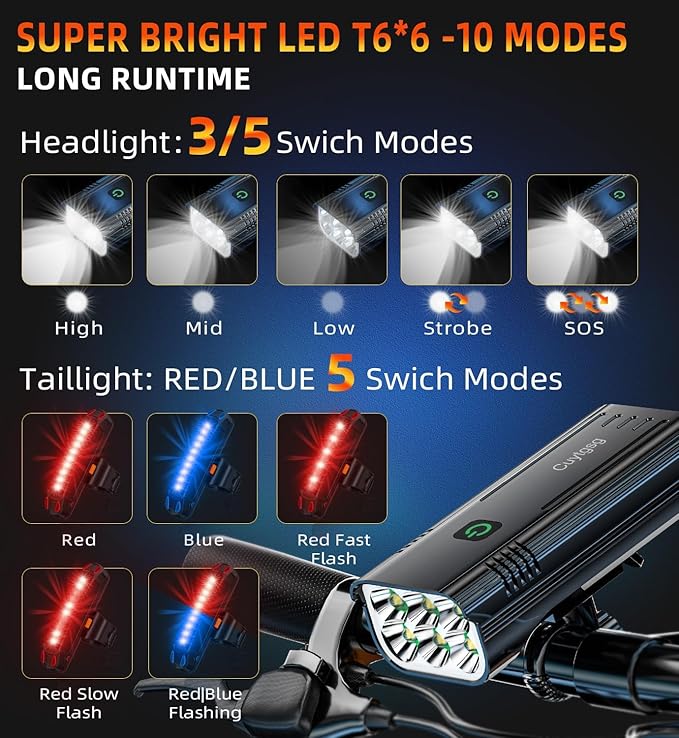 2026 Lumen Bike Lights,Super Bright 6 LED Rechargeable Bicycle Light,10 Mode Headlight Taillight,360°Rotatable Brackt,Aluminum Waterproof Light,Runtime 48+ hrs,Shockproof for Road,Mountain