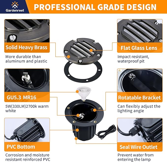 Gardenreet Brass Well Lights Kit(4 Pack) with 75W Low Voltage Transformer & MR16 Bulb & 100Feet Wire & Connectors, 12V LED In Ground Lighting for Outdoor Yard Garden Paver Tree Path(Grated Top)