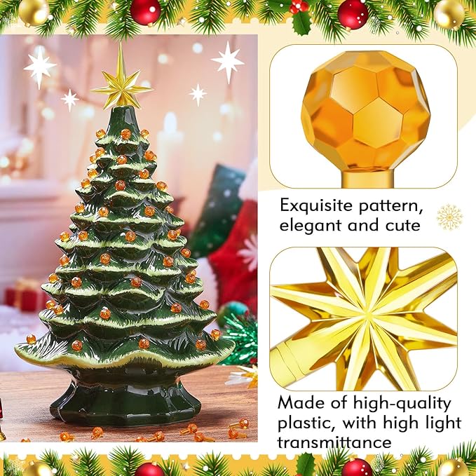 Boao 100 Pcs Ceramic Christmas Tree Bulbs with 5 Pcs Star Topper Light Ornaments Round and Heptagram Christmas Replacement Lights Bulbs for Village Xmas Tree Topper Decorations(Orange)