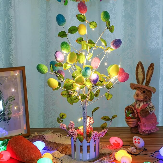 24 Inch Tall Lighted Easter Egg Tree Tabletop Decoration with LED Light Indoor Glow Easter Egg Tree Table Decor for Home Party Wedding Holiday Spring Party Decoration