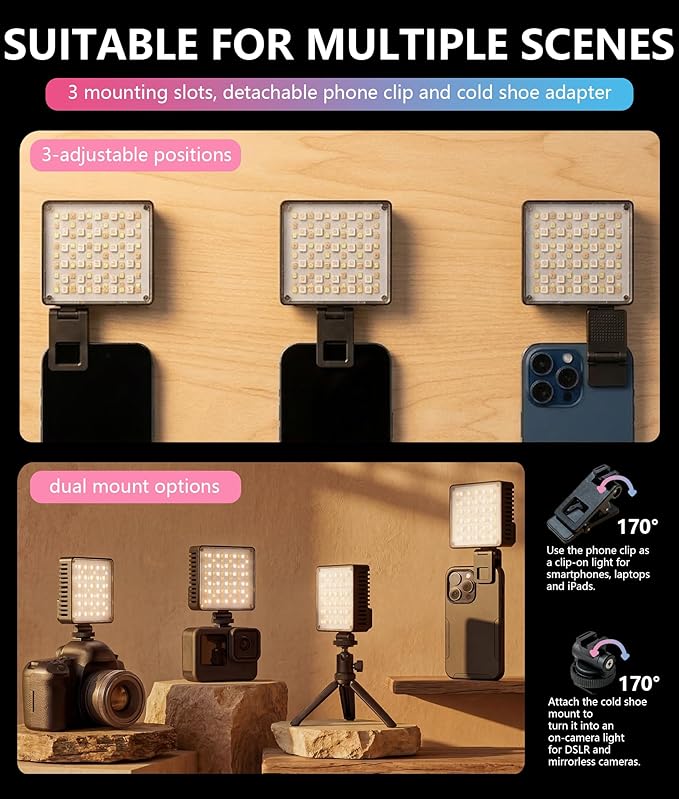 10W Ultra Bright Video Light, Portable LED Camera Light with 1200 Lux, 1800K–9000K Bi-Color, 360° Full Color, Phone Clip, Cold Shoe, On-Camera RGB Selfie Light for Photography, Video, Vlogging