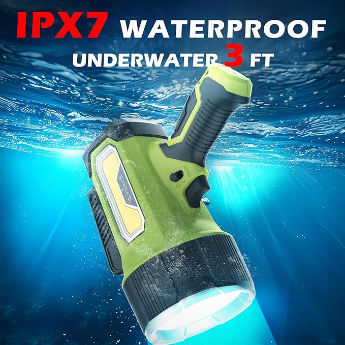 FORTO Rechargeable Spotlight Flashlight, 200000 Lumens Handheld Spotlight with Foldable Stand, 6 Modes IPX7 Waterproof LED Spot Lights for Boating Hunting Hiking (Green)