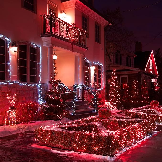 QITONG 4 Pack Red Solar Christmas Lights, Each 33ft 100 LED Christmas Fairy Light Outdoor Waterproof, 8 Modes Silver Wire Mini Twinkle Lights
