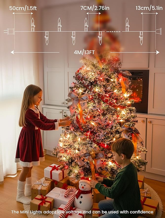 Hopolon Christmas Mini Lights, 2 Pack 13 FT 50 Count Plug in Christmas Tree Lights, 120V Waterproof Connectable White Wire String Light Set for Indoor Outdoor Valentines Day Wedding Decor Red & Clear