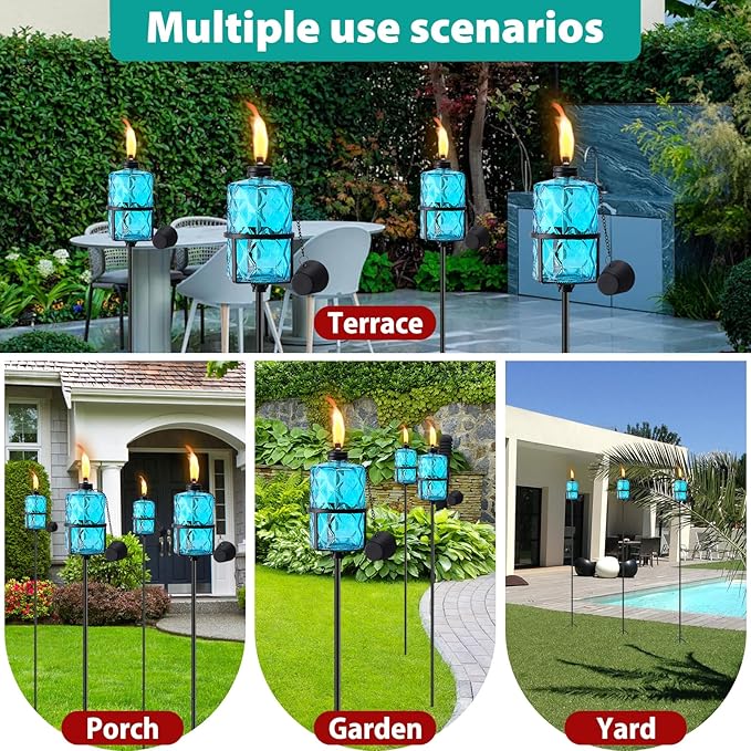 4 Pack Blue Glass Garden Torch,60-Inch Outdoor Torch Garden Décor, Upgraded 12 oz Citronella Torches with 3-Prong Grounded Stake,Metal Light Torches for Party Patio Pathway
