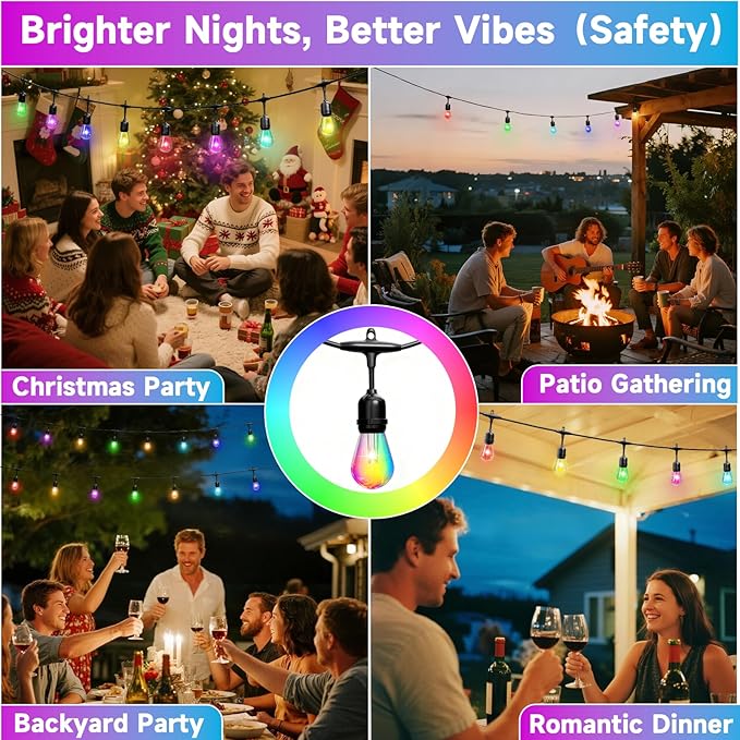 RGB Safety String Lights 100FT - Commercial Grade Low Voltage Strand with 40+2 S14 Shatterproof Bulbs for Tree Garden Yard bistro Cafe | RGB Party Lights & Outdoor Lights | IP65 Waterproof | UL Listed