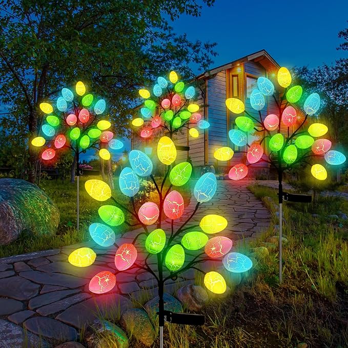 4 Pack 80 LED Easter Eggs Lights Solar Powered Outdoor Decorations Waterproof Colorful Solar Stake Lights for Lawn Pathway Landscape Garden Yard Porch Patio Decor(Easter Eggs)