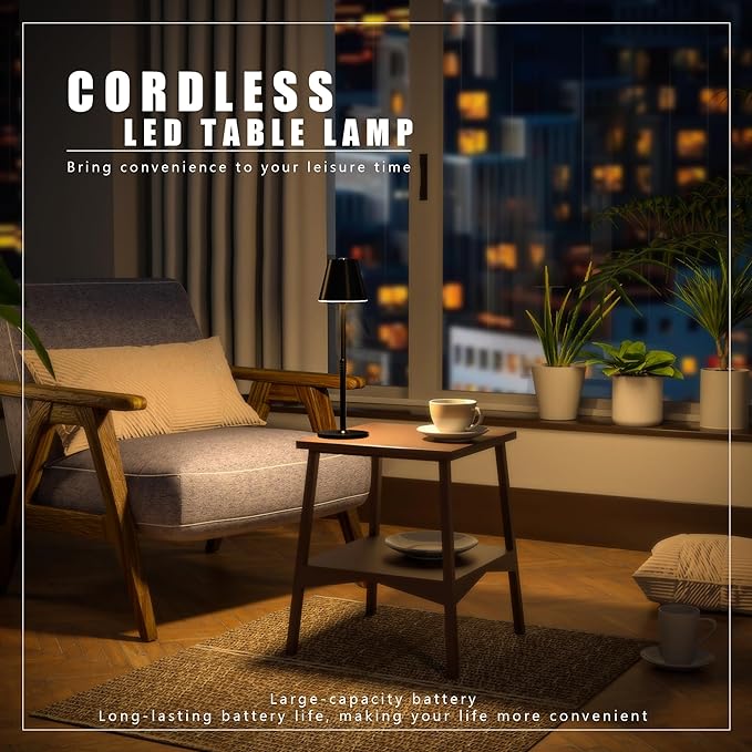 2-Pack Cordless Table Lamps - 5000mAh Rechargeable Battery Operated Desk Lamp, 3-Level Dimmable LED Night Light for Bedroom, Dining, Restaurant - Metal Design (Black 2-Pack)