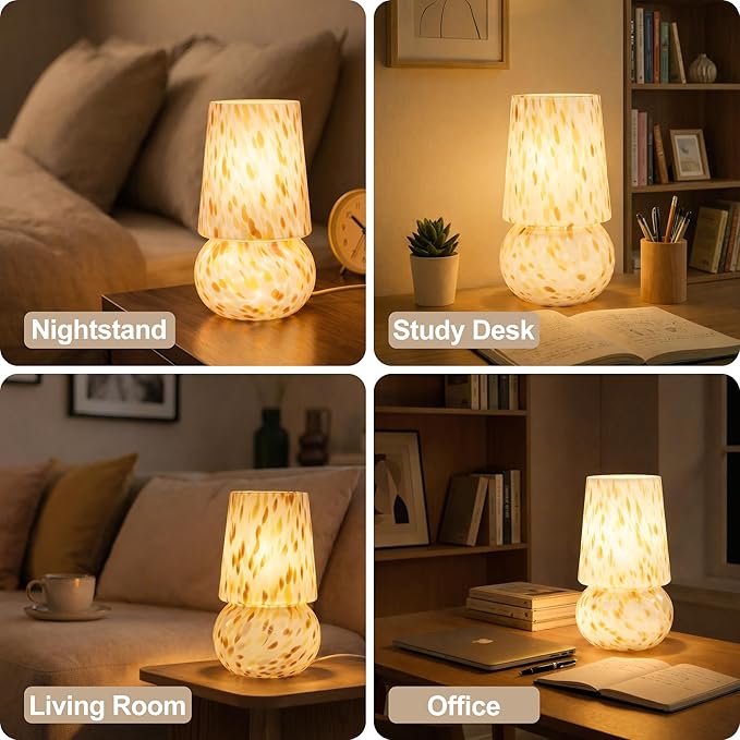 9.8 Inch Mushroom Table Lamp, UL Listed Dimmable Small Desk & Bedside Lamp with Woven Beige Cord, Handcrafted Pattern, Murano Home Decor for Bedroom, Living Room, Entryway (Cream Gold)