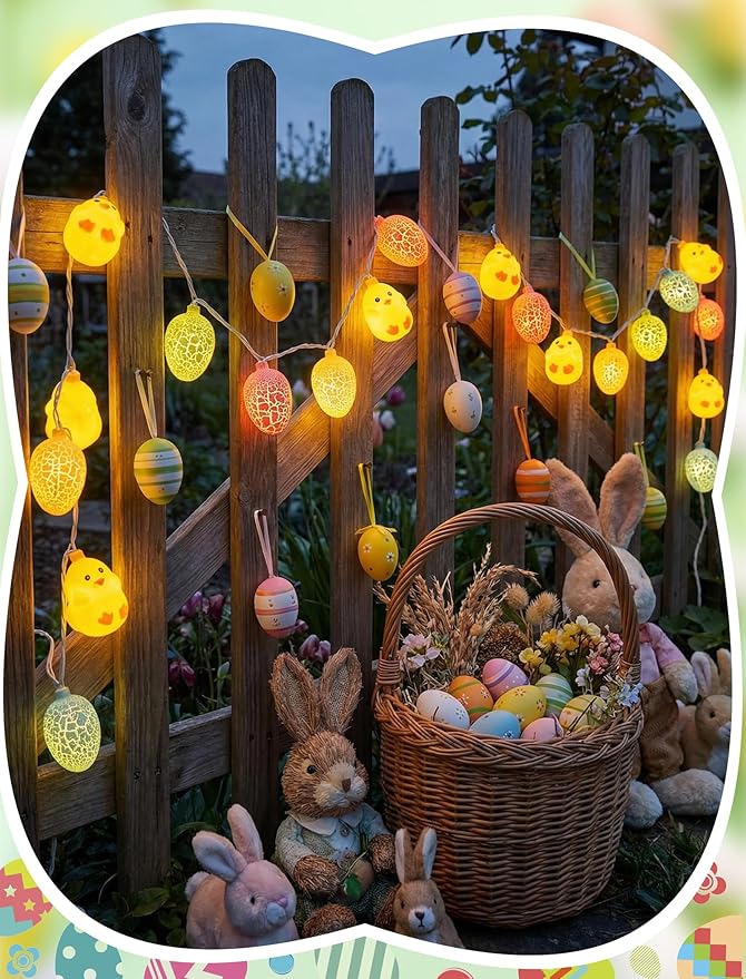 8.5Ft Easter String Lights, 10 LED Multicolored Cracked Eggs and Chicken Fairy Lights, Plug in Waterproof IP44 Spring Garland, UL Listed Outdoor Lights for Easter Home Garden Party Patio Decor
