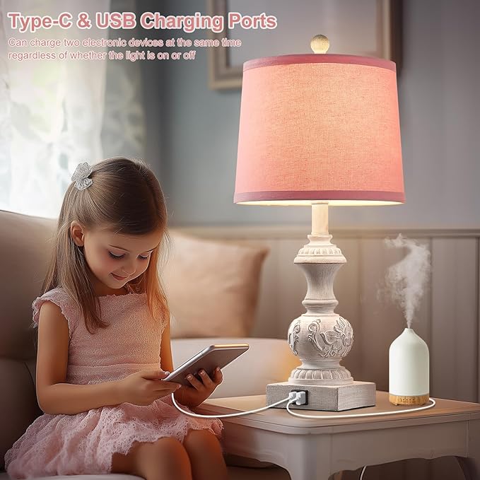 Set of 2 Pink Farmhouse Table Lamps 23.5" Vintage Nightstand Lamp with USB A+C Ports Antique Carved Floral Base & Pull Chain for Bedside, Living Room, Girls Bedroom, Dorm (Bulb Not Included)