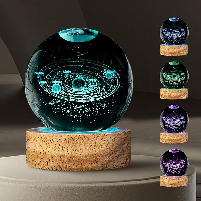 3D Solar System Crystal Ball Night Light with 16 Color, Unique 60mm Galaxy Planets Glass Ball Lamps with Remote Cool Birthday Christmas Decor Astronomy Space Gifts for Boys Girls Friends