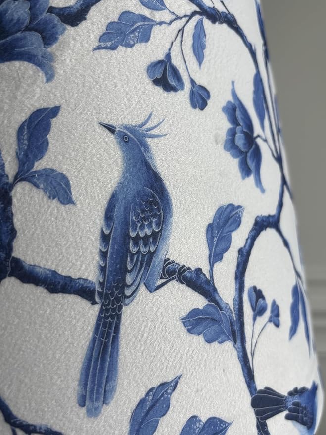 Tristan Home Blue & White Chinoiserie Empire Lamp Shade – 14" Bottom x 10" Height – Textured Velvet Bird Floral Pattern – Spider Fitter Replacement Shade