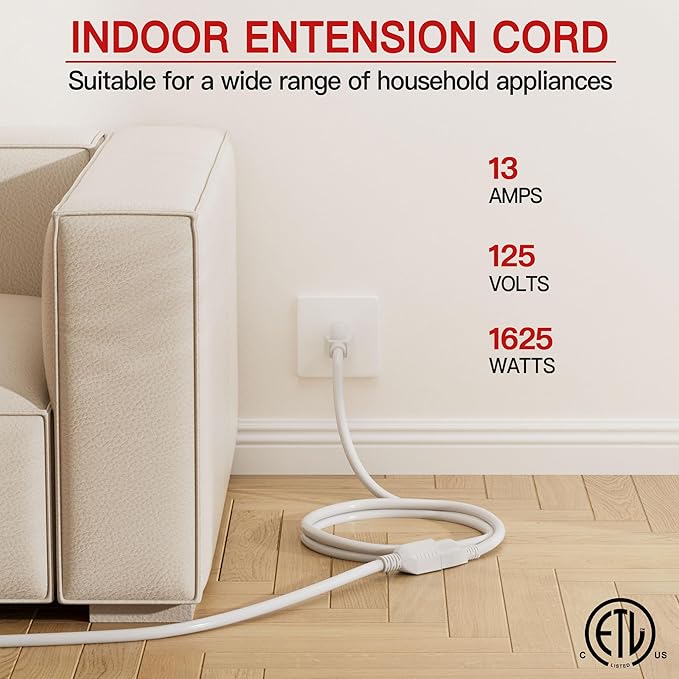 16/3 Short Extension Cord 6 FT 2 Pack, White Extension Cord Flexible & Durable, Indoor 3 Prong Power Cable, Suitable for Home and Office, 13 Amp 1625 Watt 125VAC 16AWG, ETL Listed