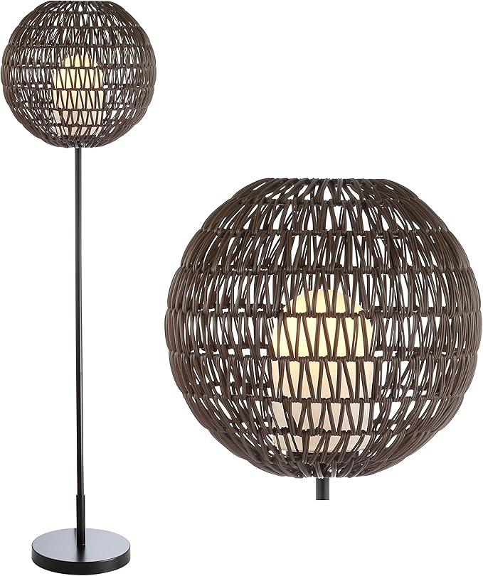 JONATHAN Y 61" Coffee/Black Outdoor Woven Globe LED Floor Lamp, Bohemian Modern Wicker Style Lantern for Patio, Porch and Backyard, Iron Frame, LED Bulb Included JYL6507A